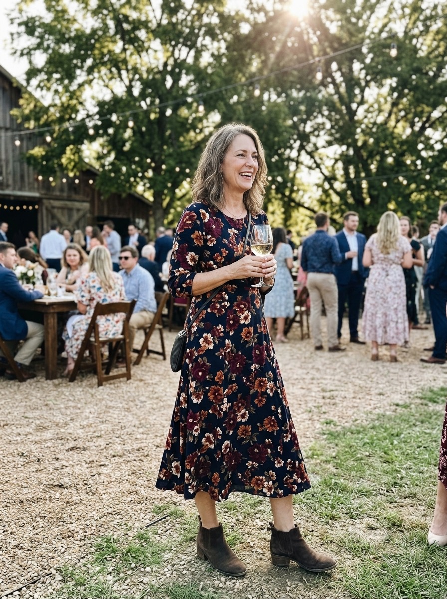 Vestido de invitada para boda de invierno: vestido midi estampado de flores oscuras