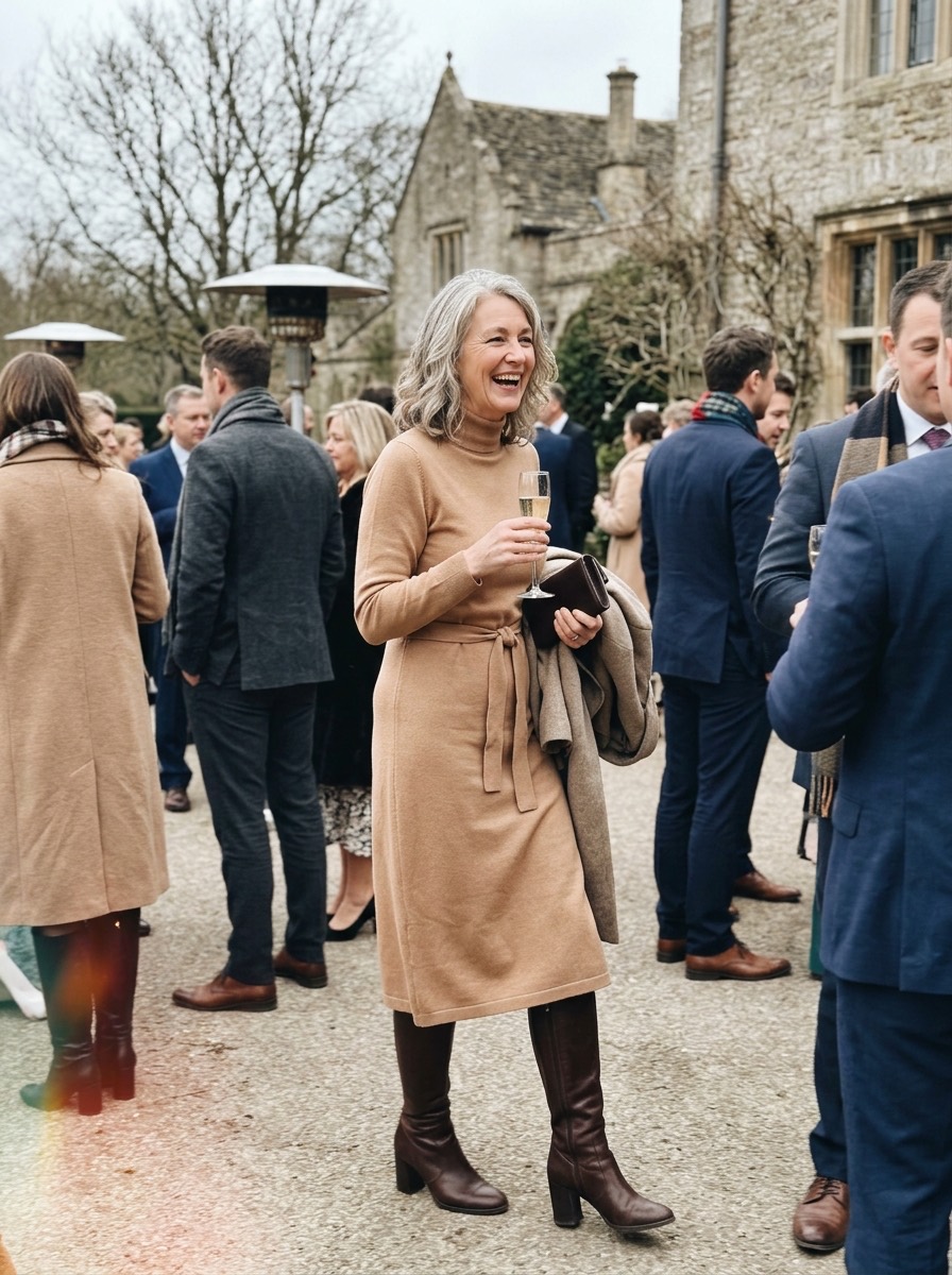 Vestido de invitada para boda de invierno: vestido camel de punto fino con botas