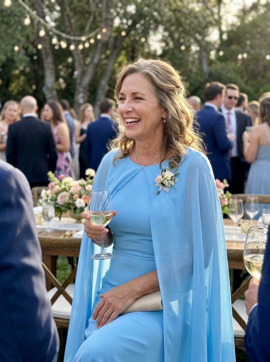 Vestido de invitada para boda de invierno: vestido azul cielo con capa a juego