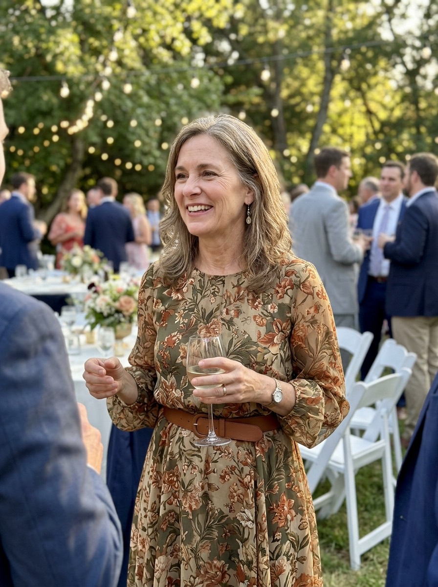 Vestido de invitada para boda de invierno: vestido de gasa estampado en tonos tierra