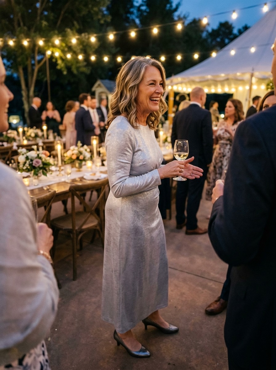 Vestido de invitada para boda de invierno: vestido plateado de manga larga