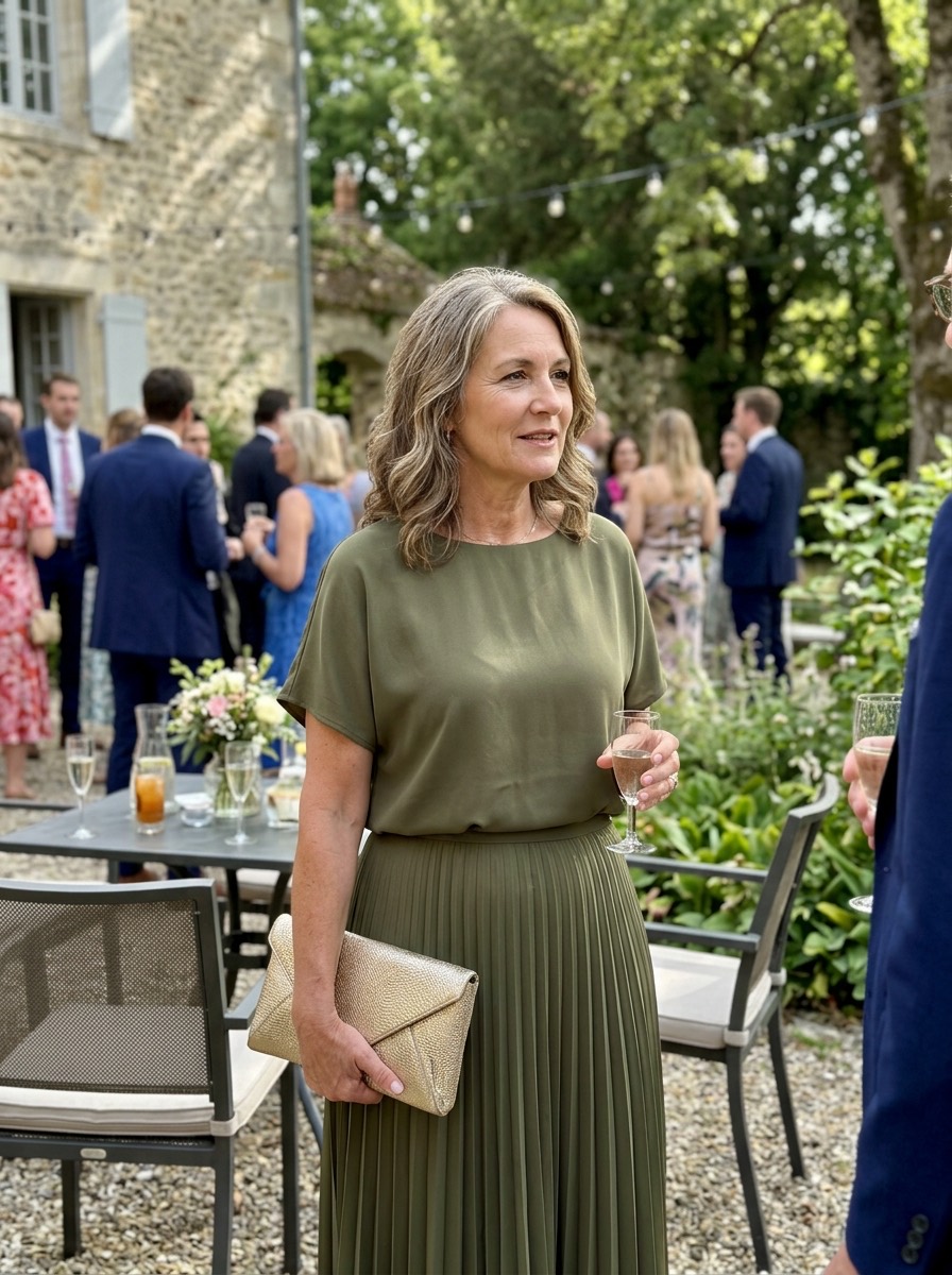 Vestido de invitada para boda de invierno: vestido de dos piezas verde oliva